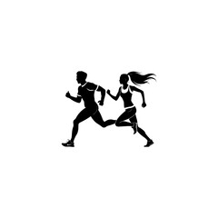 Running man and woman black silhouette isolated vector illustration. Running couple, jogging couple