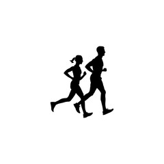 Running man and woman black silhouette isolated vector illustration. Running couple, jogging couple