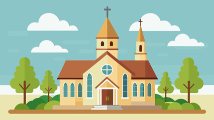 Naklejka premium Vector art of a classic church with twin steeples and surrounding trees