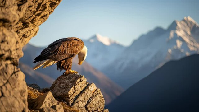 Majestic Bald Eagle Perched on Rock, Mountain Range Background