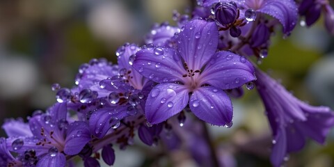 Close up of purple flowers with water droplets on petals in a natural setting view