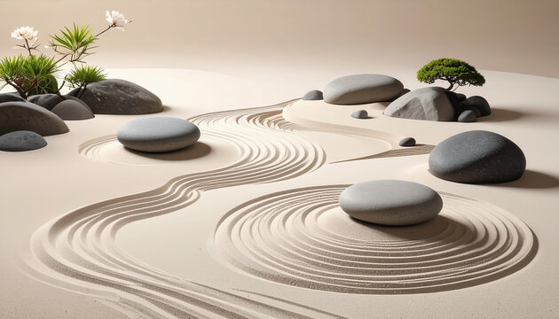 Tranquil zen garden with raked sand and serene aesthetic background perfect for illustrations and text placement