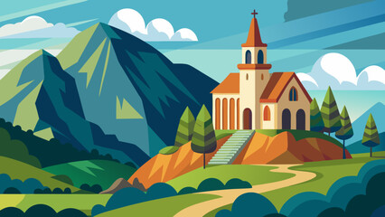 Naklejka premium Vector art of a church perched on a hill with a path leading to it