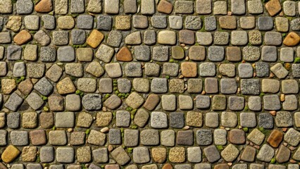 Cobblestone Pathway A Textured Surface of Irregularly Shaped Stones, Set in Mortar, with Small Patches of Moss Growing Between the Stones