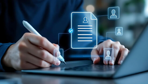 Person using a stylus on a laptop with glowing digital profile and user icons