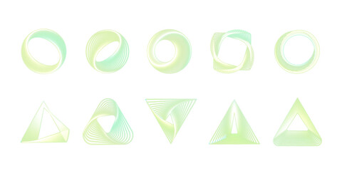 Vector set of abstract geometric shapes with green glow on white background. Elements with curved lines and spirals for modern digital design, logos and backgrounds.