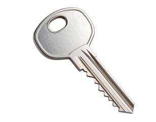 Realistic stainless steel key with detailed ridges, isolated on a transparent background