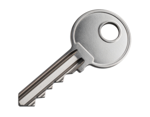 Realistic stainless steel key with detailed ridges, isolated on a transparent background