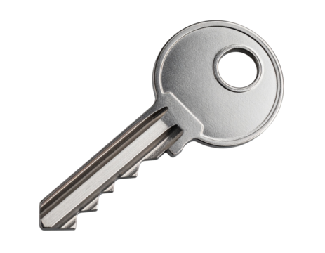 Realistic stainless steel key with detailed ridges, isolated on a transparent background - Powered by Adobe
