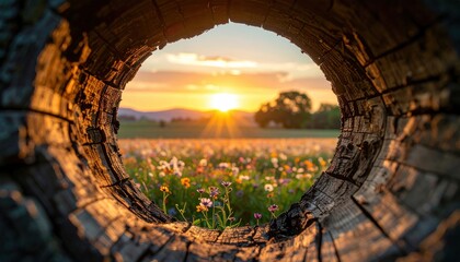 A blooming wildflower field is beautifully framed through a hollow log, glowing under a warm and colorful sunset sky.
