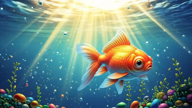 Orange Goldfish Underwater With Sunlight and Colorful Rocks
