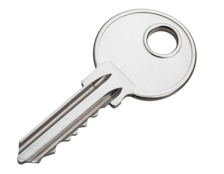 Realistic stainless steel key with detailed ridges, isolated on a transparent background
