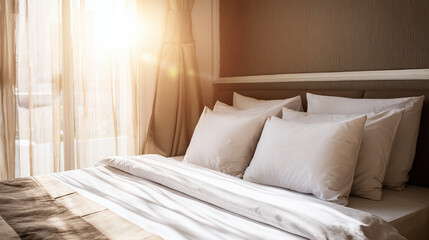 Stylish hotel room with crisp linens and morning sunlight filtering through sheer curtains.