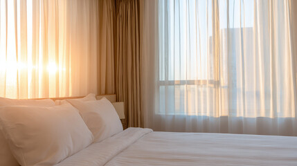 Stylish hotel room with crisp linens and morning sunlight filtering through sheer curtains.