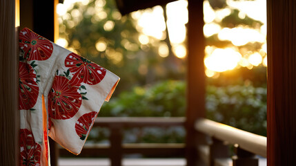 Kimono sleeve with dance patterns draped on a wooden veranda in golden sunset light.