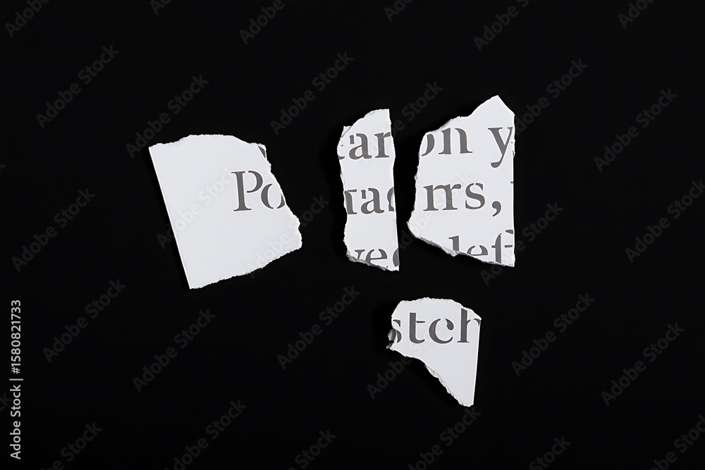 Fototapete torn paper fragments with text on black background image
