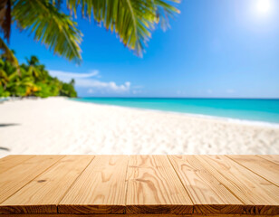 Fototapeta premium Tropical Beach Paradise: Wooden Tabletop Overlooking Turquoise Ocean and Palm Trees