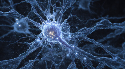 A neural stem cell dividing in midnight-blue tissue, resembling celestial star formation.