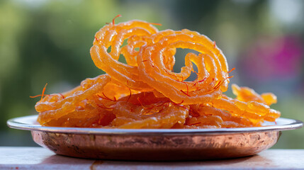 Close-up of golden jalebi dessert with saffron strands, evoking festive indulgence for India's Independence Day.