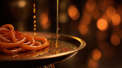 Close-up of golden jalebi dessert with saffron strands, evoking festive indulgence for India's Independence Day.