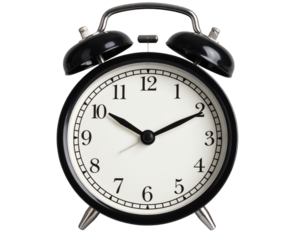 Classic black alarm clock with twin bells, isolated on a transparent background