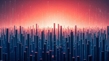 Abstract Digital Cityscape: Warm Sunset, Glowing Lines, Futuristic Architecture, Technology Concept.