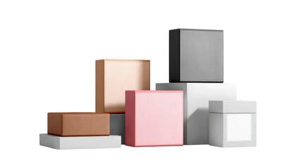 Obraz premium Aesthetic assortment of colored gift boxes stacked together on a white background.