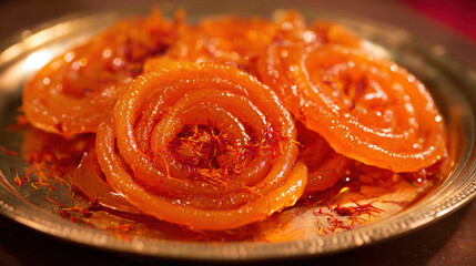 Close-up of golden jalebi dessert with saffron strands, evoking festive indulgence for India's Independence Day.