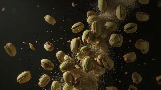Pistachios Falling in Slow Motion with Dust Impact