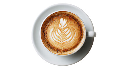 Artisan latte with beautiful leaf design on top, served in a white cup.