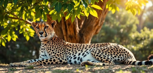 Sleek cheetah, spotted coat, relaxed pose beneath leafy tree, dappled sunlight,  fur,  mammal