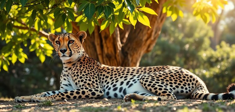 Sleek cheetah, spotted coat, relaxed pose beneath leafy tree, dappled sunlight, fur, mammal