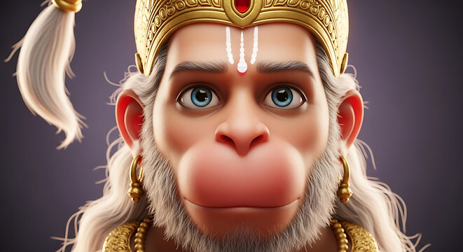 Close-up portrait of a stylized Hanuman, Hindu deity, wearing a golden crown and ornate jewelry. - Powered by Adobe