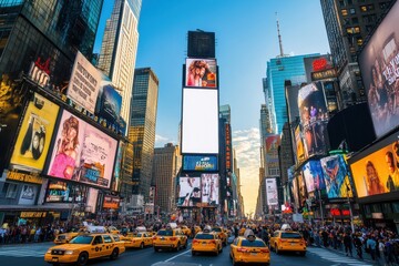 Billboard highway mockup scene merging with Times Square New York street, massive blank white billboard on tall city tower, surrounded by lights, signs, and classic billboard city energy