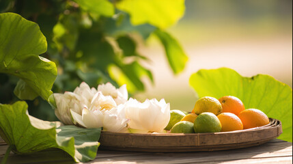 White lotus flowers and seasonal fruits arranged elegantly on a wooden tray, surrounded by soft sunlight.