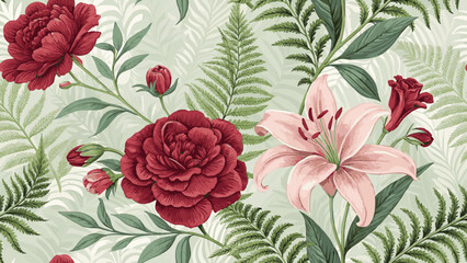Vector illustration seamless digital floral pattern. Red peony and pink lily and green fern leaves.