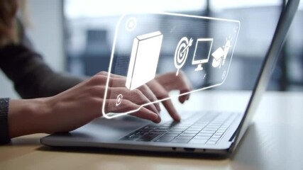 Woman Typing on Laptop with Education Learning Icons Overlay - Online Courses, E-learning, Knowledge Sharing, Tutoring Concept - Powered by Adobe