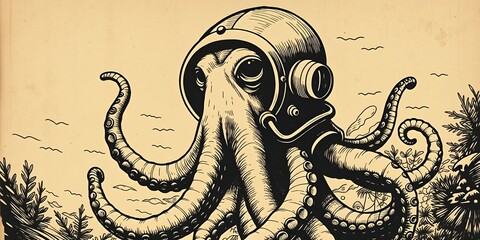 An illustration of an octopus wearing a diving helmet in a vintage style drawing © MDMIJANUR