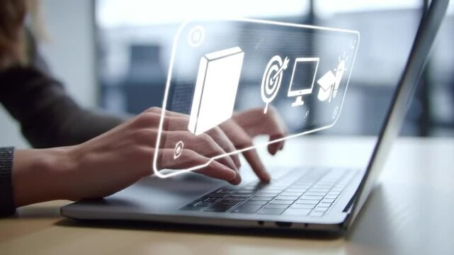 Woman Typing on Laptop with Education Learning Icons Overlay - Online Courses, E-learning, Knowledge Sharing, Tutoring Concept