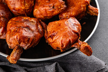 Knuckle smoked meat cooked ham roulka fresh shank delicious gourmet food background on the table rustic food top view copy space