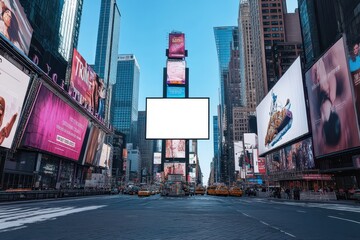 Times Square broadway with giant white billboard mockup, blank display board on tall tower, surrounded by lights and buildings in New York City, billboard night scene with urban energy