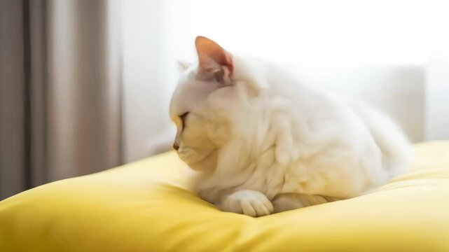 White Cat Resting on Yellow Pillow in Soft Natural Light