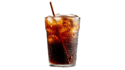 Chilled soda drink in a glass with ice and a straw, isolated on white background.