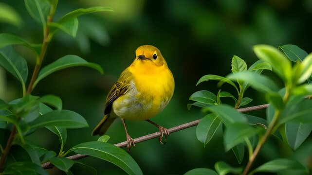 Yellow Bird Perched on Green Branch