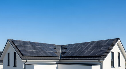 Solar panels installed on a modern house roof under a clear blue sky