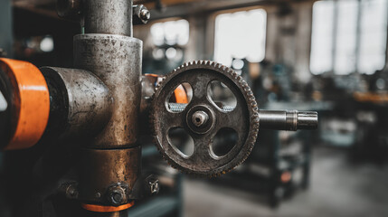 A close-up view of industrial machinery with metallic textures and orange safety details.