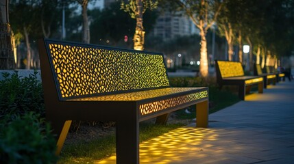 Illuminated Bench in Urban Park at Night