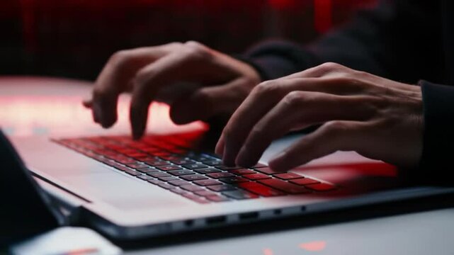 Hacker Typing on Laptop Keyboard with Red Light, Cybersecurity Concept - Powered by Adobe