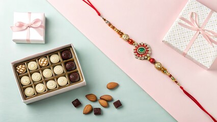 Minimal Raksha Bandhan Background with Rakhi, Chocolates and Gift Boxes