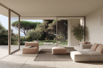 photorealistic ultraminimalist interior design showcasing modern elements and simple aesthetics creating serene